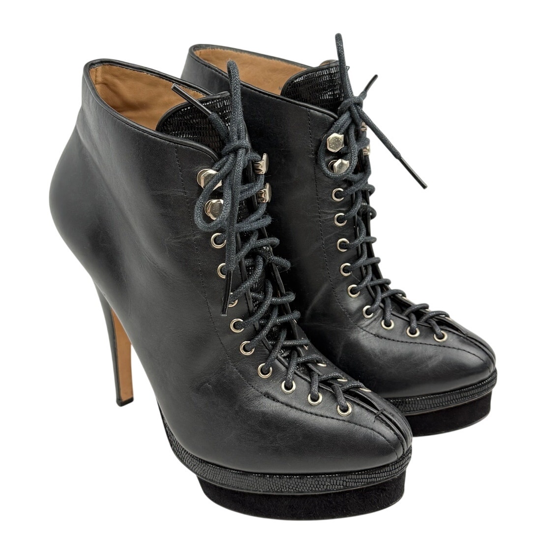 Ann Taylor Axia Leather Lace Up Platform Heels Corset Stiletto Booties 6.5 Black